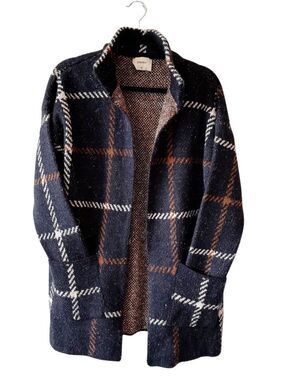 Papaya Grandpa Open Front Cardigan Black Brown Plaid Longline Knit Sweater Mediu